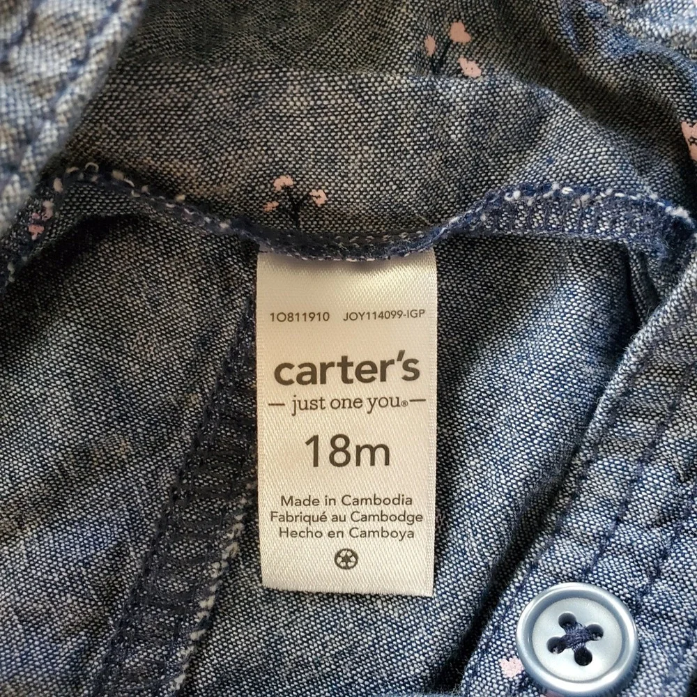 Carter's Chambray Overalls Dress Floral Accents‎ Buttons Size 18M